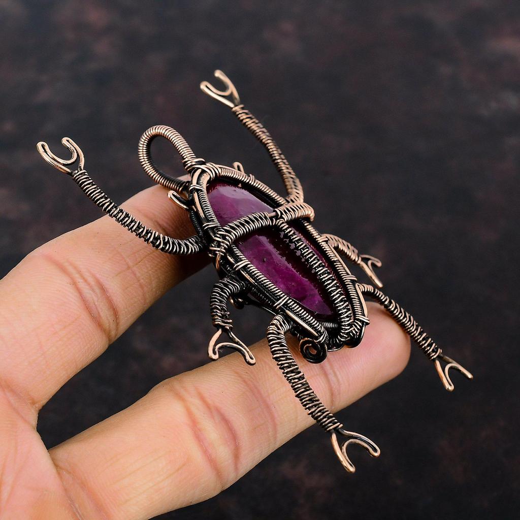 Граненый кашмирский рубиновый кулон, медная проволока, кулон, ювелирные изделия ручной работы из медной проволоки, изысканный кулон с драгоценным камнем, кулон с жуком, подарок для мамы