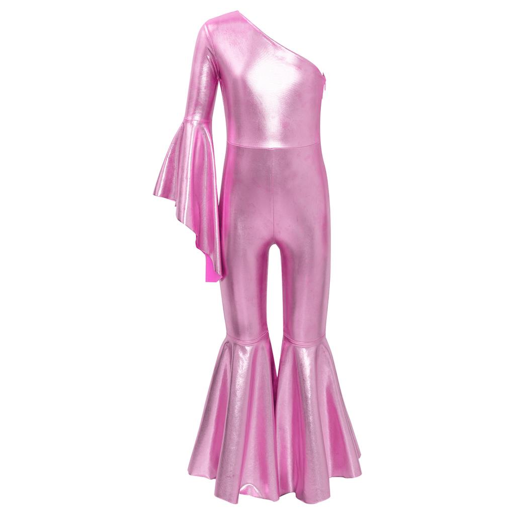 Kids Girls Romper Shiny Metallic One Shoulder Flare Sleeve Bodysuit Dance Jumpsuit Gymnastics Figure Skating Dance Wear