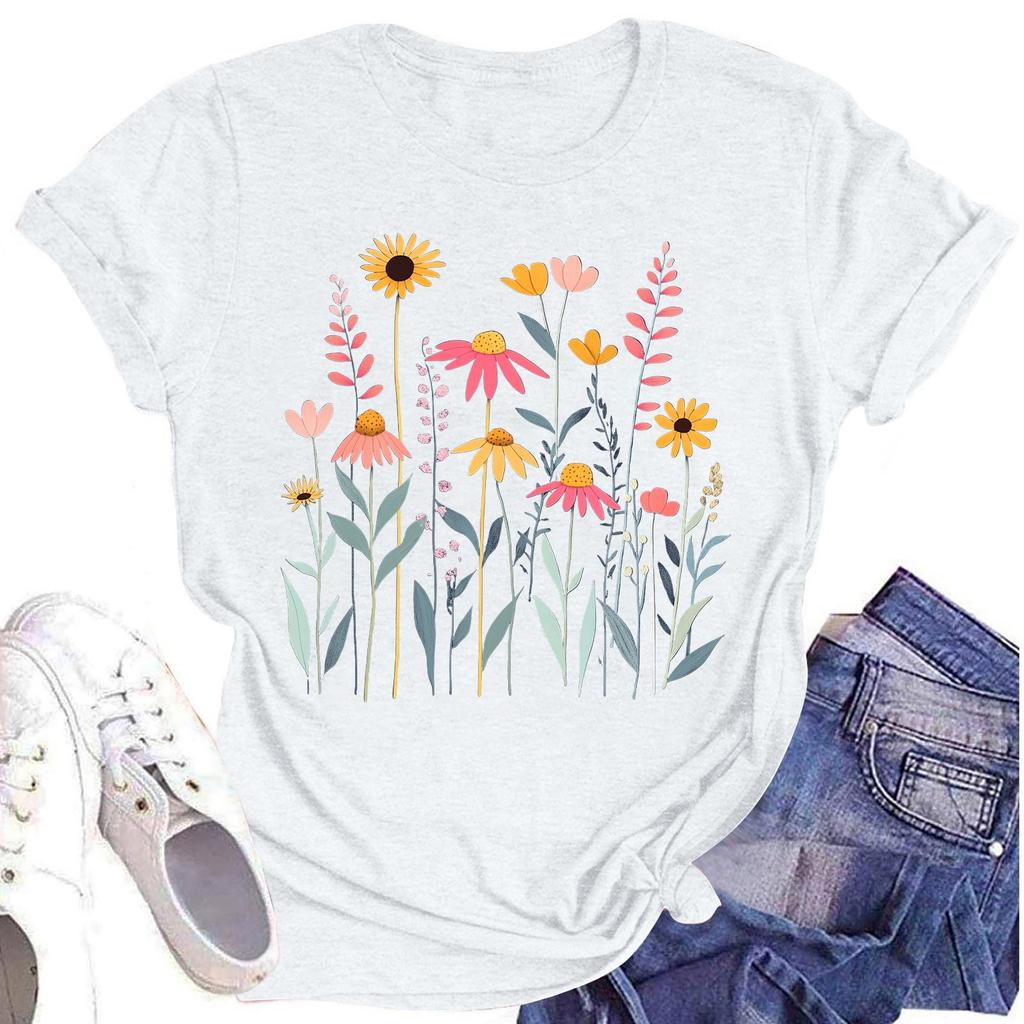 Женская повседневная футболка с круглым вырезом и цветочным принтом, короткий рукав