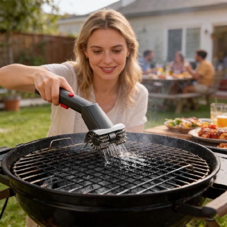 Перезаряжаемая щетка для барбекю с быстрым действием и термостойкой стальной головкой для различных способов приготовления