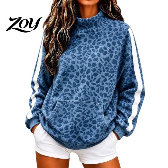Fashionable Graphic Sweatshirt Women Leopard Print Sweatshirt, Loose Fit Pullover with Kangaroo Pocket, Long for Sleeve Mock Neck Casual Top