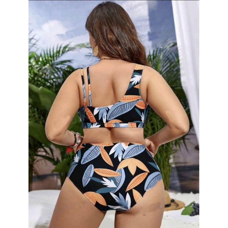 Europe and The United States New Women's Large Size Split Bikini Digital Printing Gather Fashion Swimsuit
