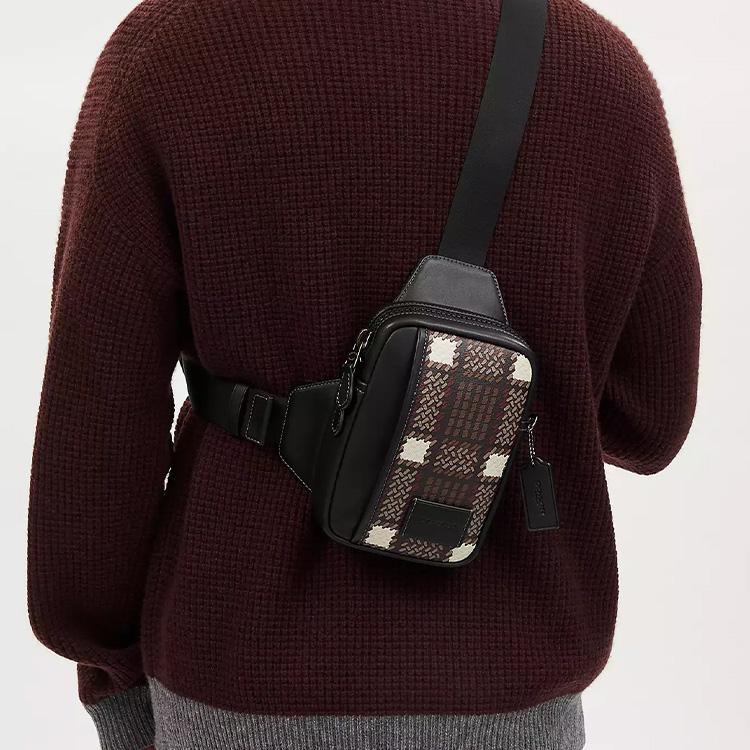 Coach Edge 13 Plaid Print Zipper Multi-Functional Pocket Canvas And Leather Crossbody Chest Bag Mini Men bags Bronze Black Multi-Color CM035-QBM2