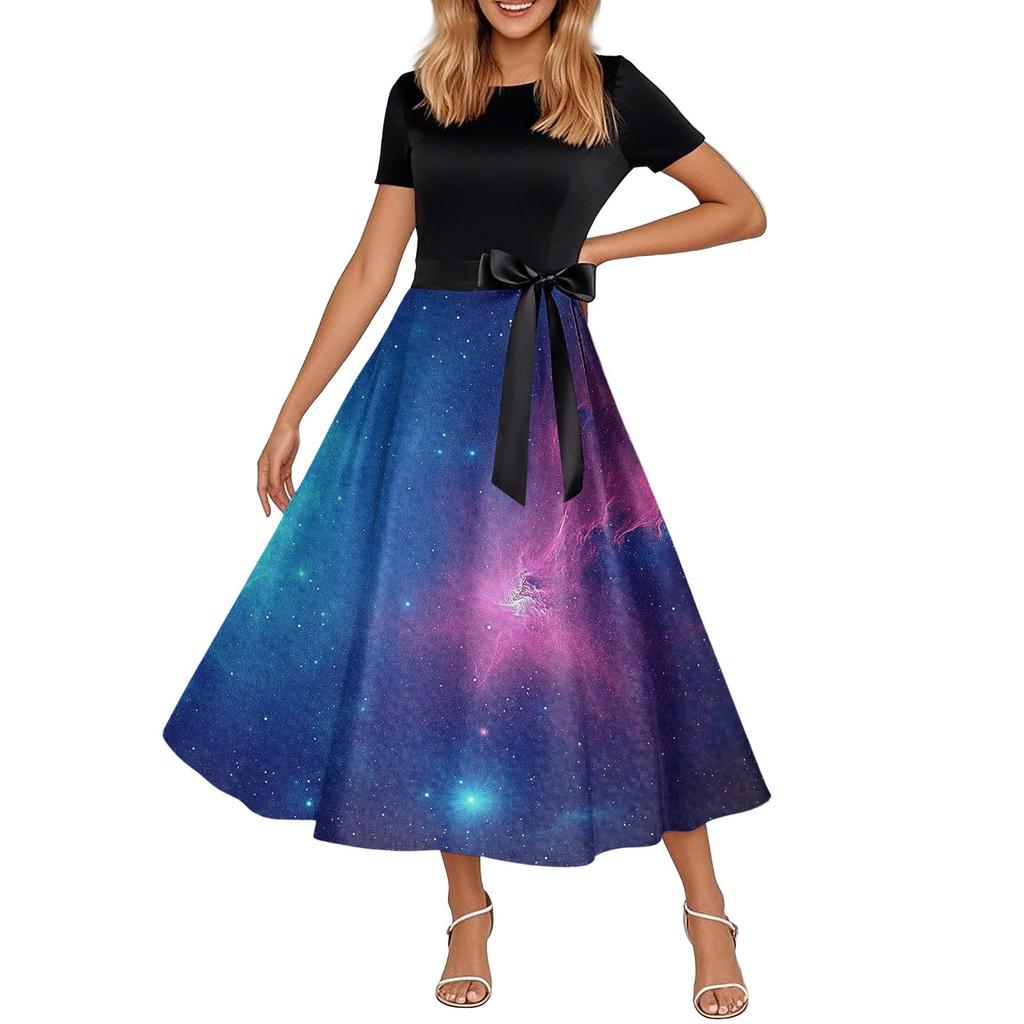 Платье-клеш в стиле ретро с принтом для женщин, повседневное, с коротким рукавом, круглым вырезом, винтажное платье