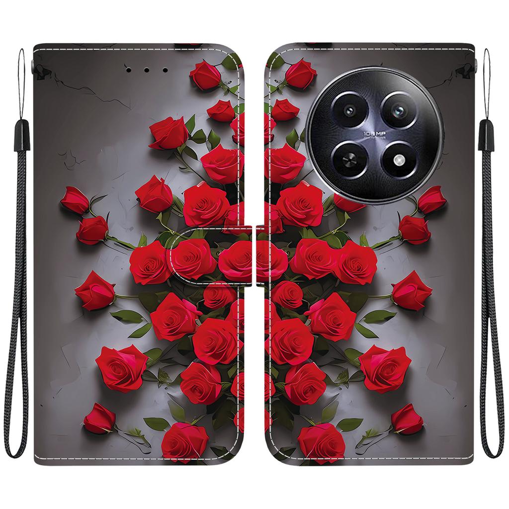 Чехол-книжка из искусственной кожи ручной работы для Realme 12 (5G/RMX3999) Противоскользящий ударопрочный чехол с ремешком на запястье и дизайнами в виде сердец/роз и кошек