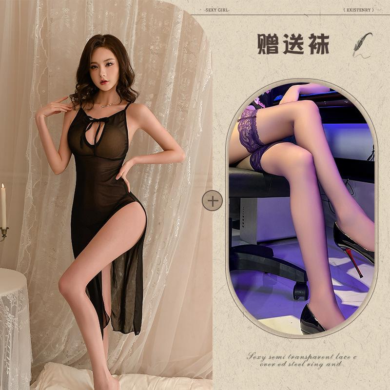 Sex underwear new sexy babes hollowed out and thin medium and long dress inner robe high waist slit