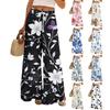 Женские брюки широкие от бедра с эластичным поясом, с принтом, с большими карманами, с отделкой пэчворк по краю, свободные