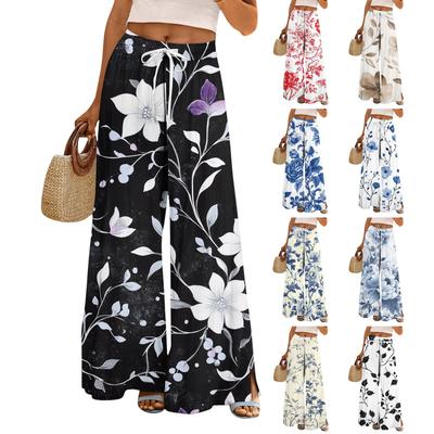 Женские брюки широкие от бедра с эластичным поясом, с принтом, с большими карманами, с отделкой пэчворк по краю, свободные
