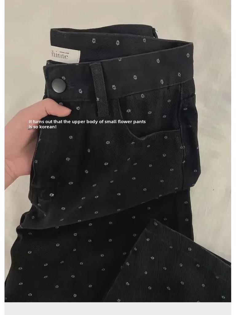 Женские широкие джинсы с высокой талией в черный горошек на осень - Большие размеры