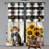 2Pcs Cute Country Cat Sunflower Curtains Rustic Wood Printed Curtains Suitable For Bedroom Bathroom Living Room Dining Room