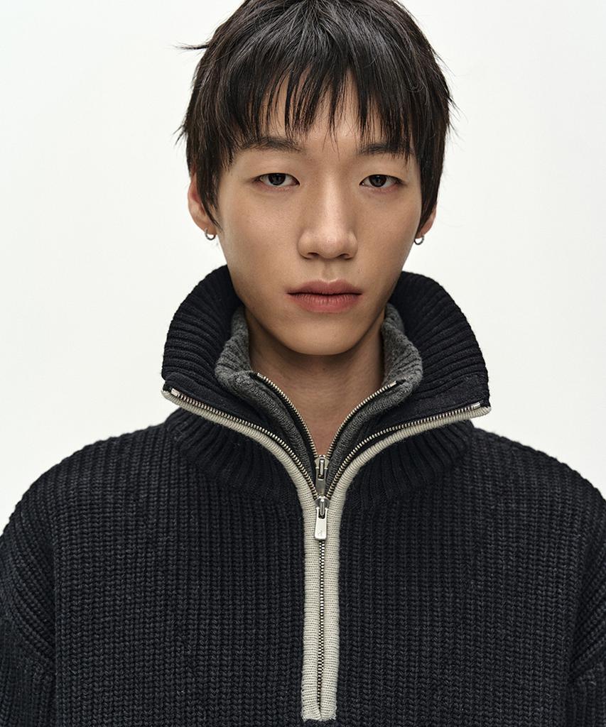 ADSB ANDERSSON BELL Double Layered Quarter Zip-Up Sweater (Black/Grey)