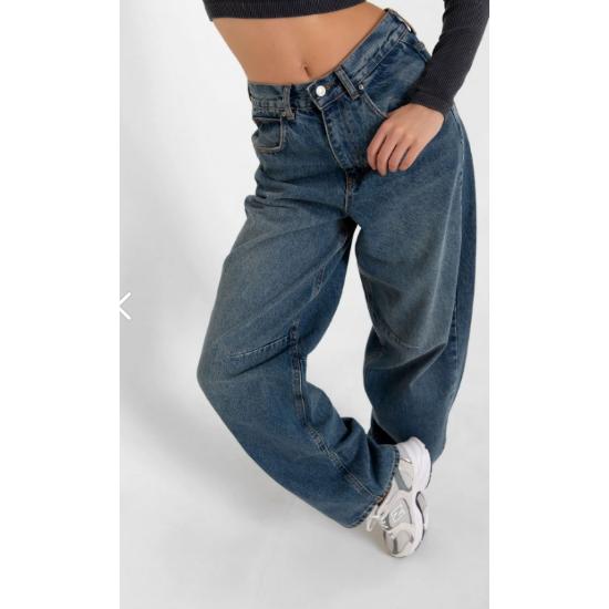 Blue Buckle Detailed Loose Cut Wide Leg Comfortable Baggy Jeans Casual Women's Trousers