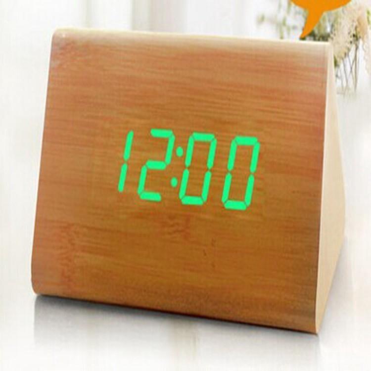 Sleek Wooden Voice Control Led Display Alarm Digital Triangular Desk Clock Thermometer