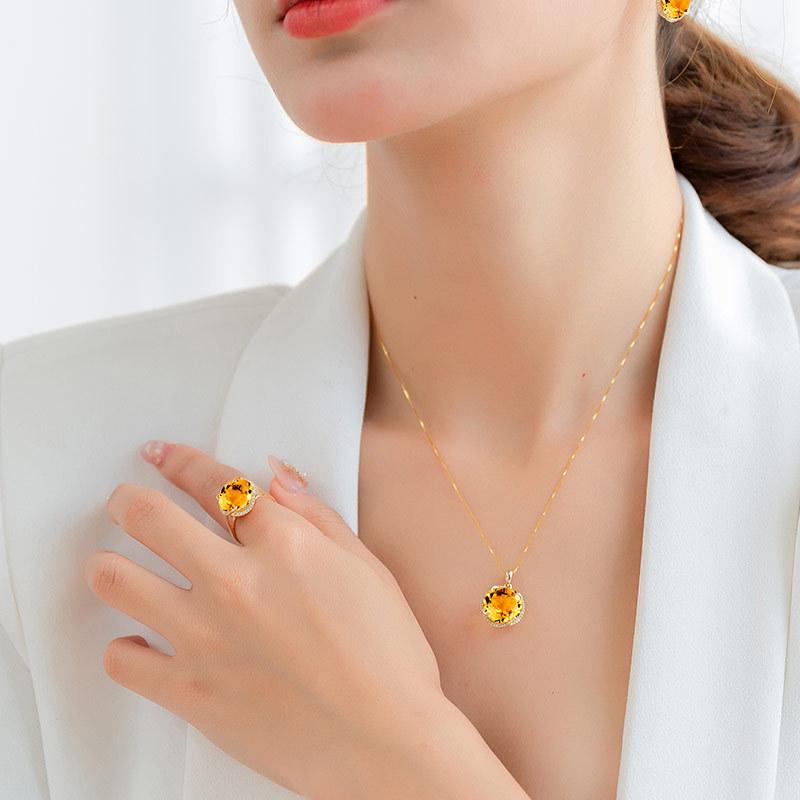 BELLA BOX New Temperament Yellow Zircon Round Pendant Fine Jewelry Sets For Wedding Engagement