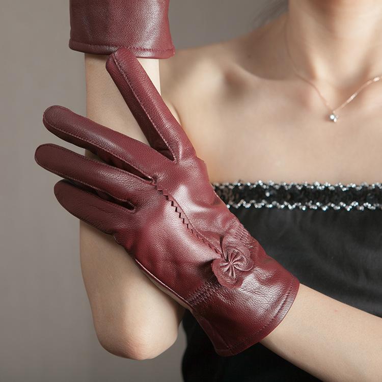 Women Genuine Leather Winter Warm Glove Ladies Real Sheep Leather Gloves Girls Driving Fashion Female Luxury Wool Lined Gloves