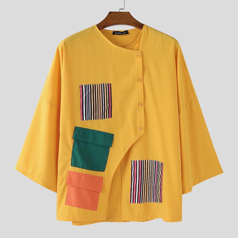 INCERUN Men 3/4 Sleeve Stitching Print Front Cross Splits Casual T-Shirts Tops