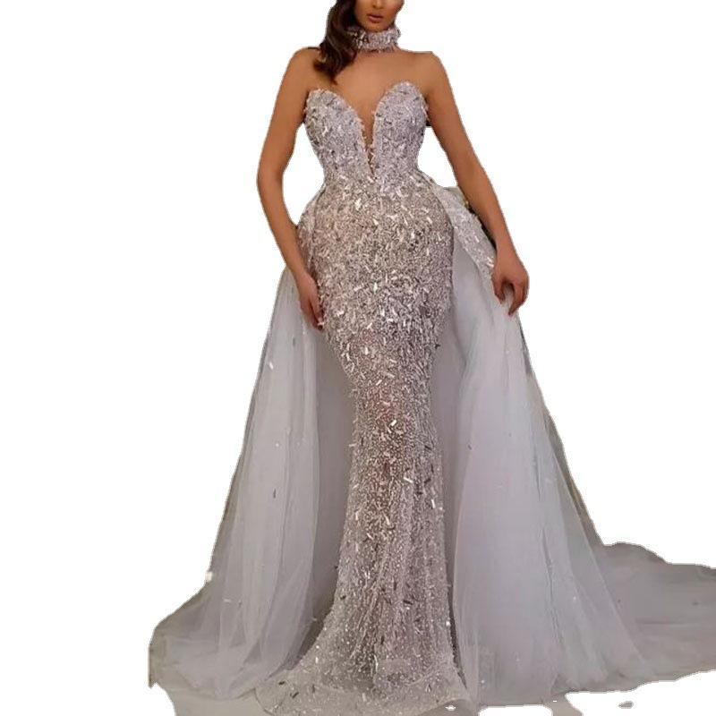 2025 летнее новое женское платье с пайетками, без рукавов, с длинным темпераментным сетчатым платьем