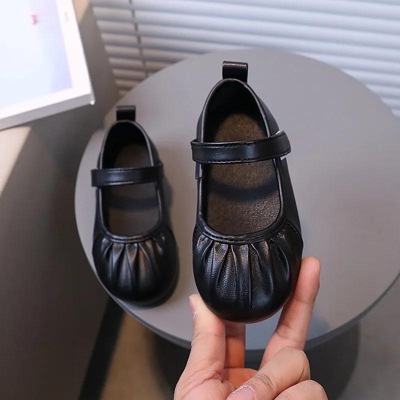 Новые шикарные однотонные балетки для девочек, детские модные плиссированные кожаные туфли, мягкие милые туфли принцессы для танцев, для вечеринки, свадьбы