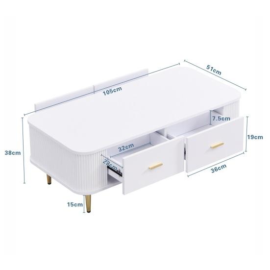 Coffee Table Golden Handles with Two Drawers Large Storage Space Curved Corners Wavy Side Storing MDF Rectangle Shape Tea Table Home