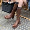 2025 новый американский пустошь ветер пряжка ремня круглая голова толстый каблук рыцарские сапоги женские большой обхват голенища толстые ноги тонкие сапоги