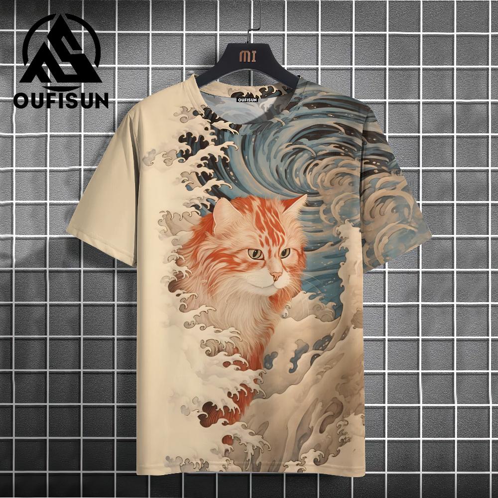 Men's T-shirt Japanese Style Ukiyo-e Cat Pattern Printed T-shirt