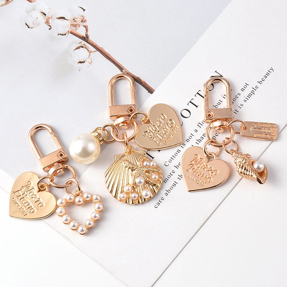 Korean Pearl Shell Conch Gold Color Fashion Bag Charms Heart Key Ring Key Chain Key Accessories