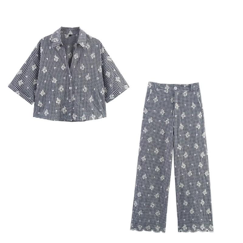 Womens Embroidered Linen-Blend Casual Set: Short Sleeve Shirt Wide-Leg Pants Vintage Chic Outfit