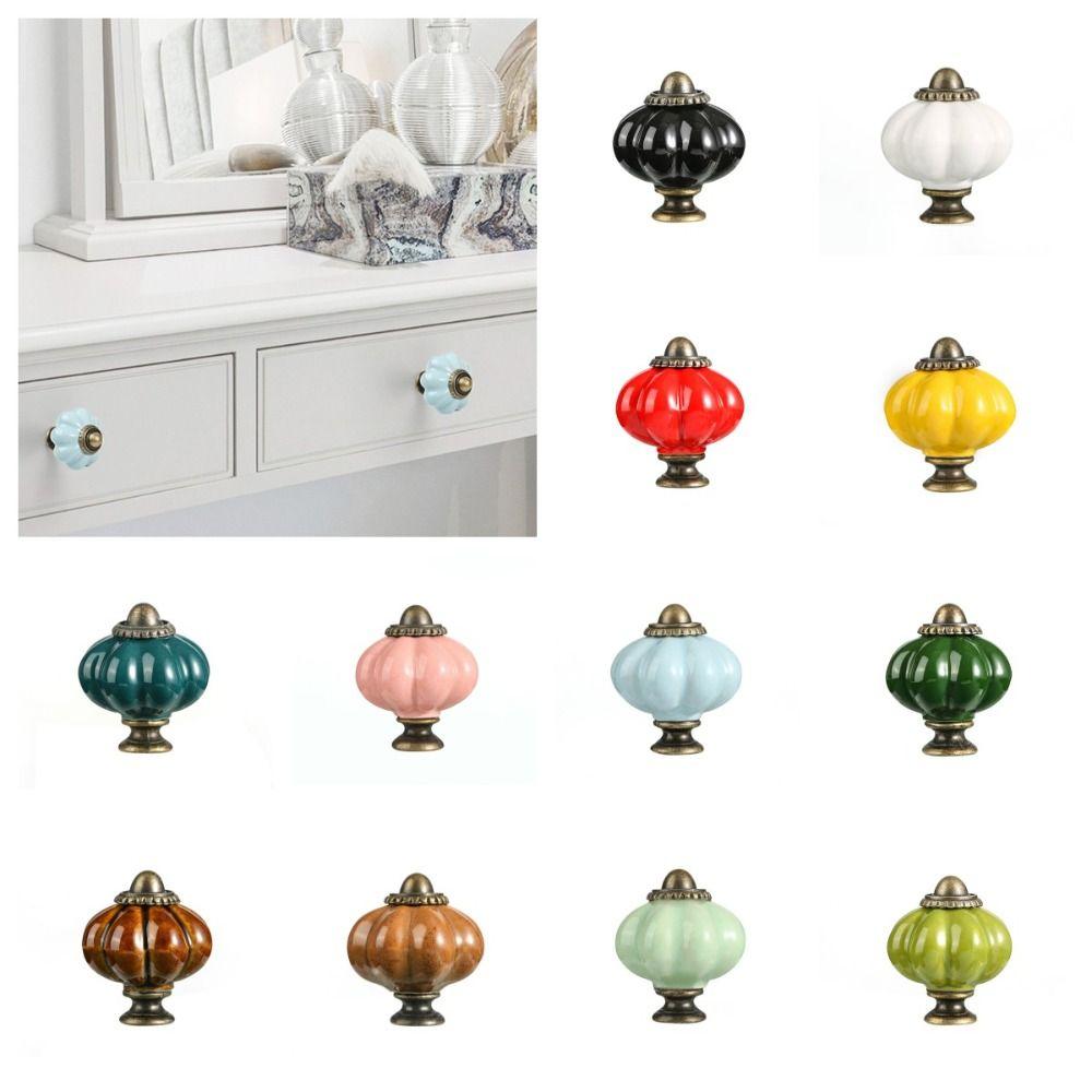 Single Hole Cabinet Knob Round Drawer Knobs Retro Ceramic Pumpkin Handle  Kitchen
