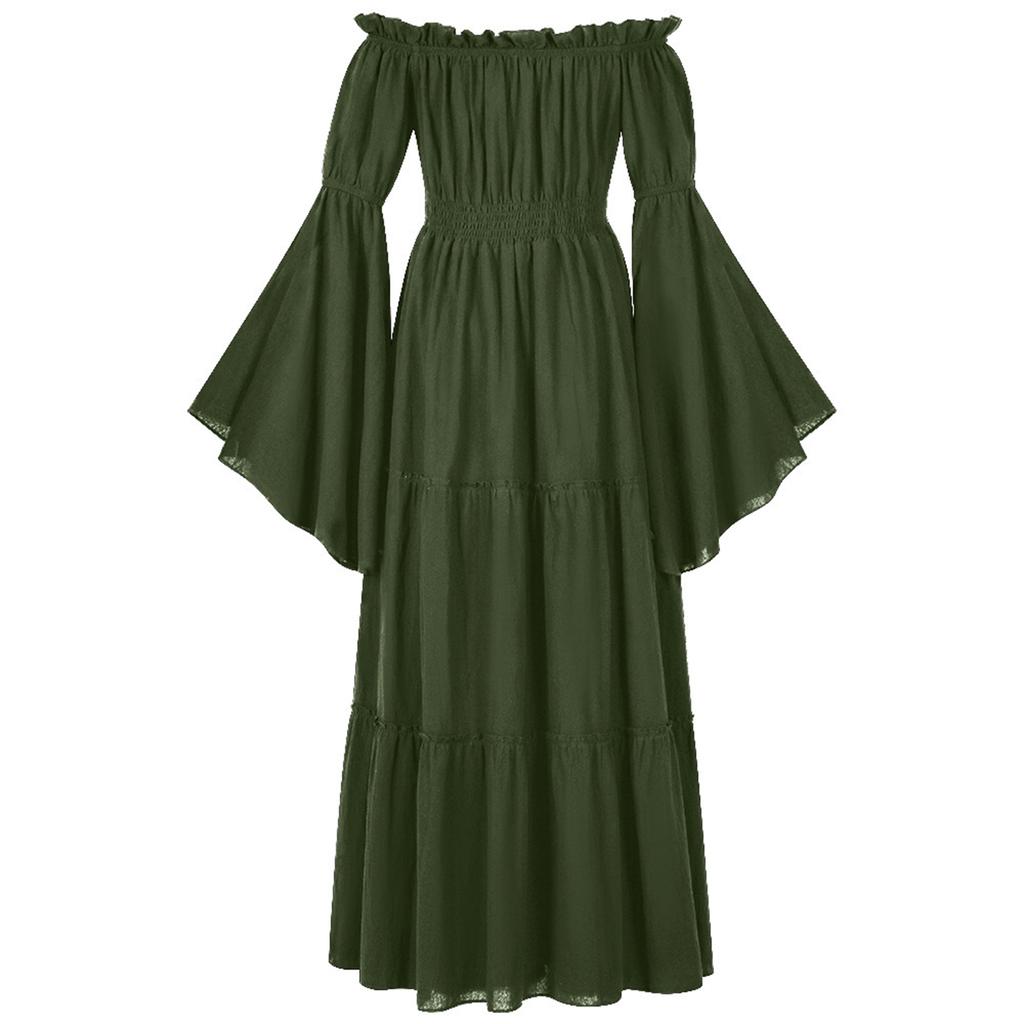 Women's Off-Shoulder Dress Bell Solid Color Long Sleeve Elastic Tiered Flowy Long Dresses Costume