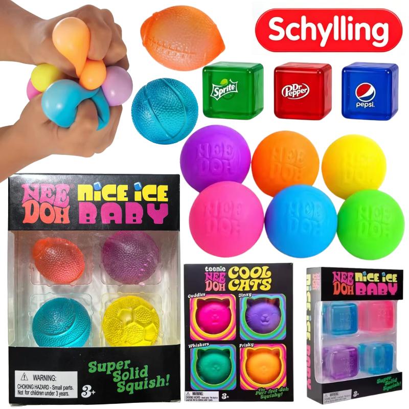 Schylling Набор антистрессовых игрушек Needoh Nice Cube & Мини-кошка & Спортивный мяч Игрушки-мячики для сжатия Сенсорный гаджет для снятия тревоги