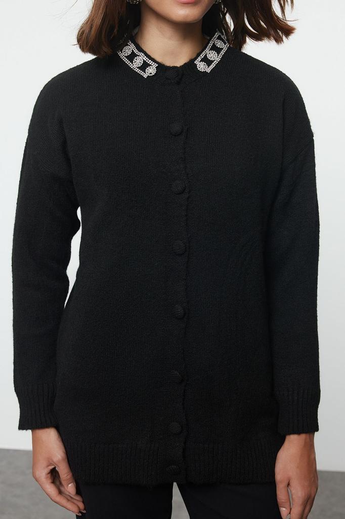 Women's Fashionable Stylish Hijab Cardigan Black Accessory Detailed Knitwear Cardigan