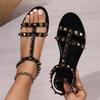 Fashion 2025 Summer New Style Rivet Thin Strap T-toe Sandals Summer Square Toe Flat Bottom Women's Going Out Roman Women's Shoes