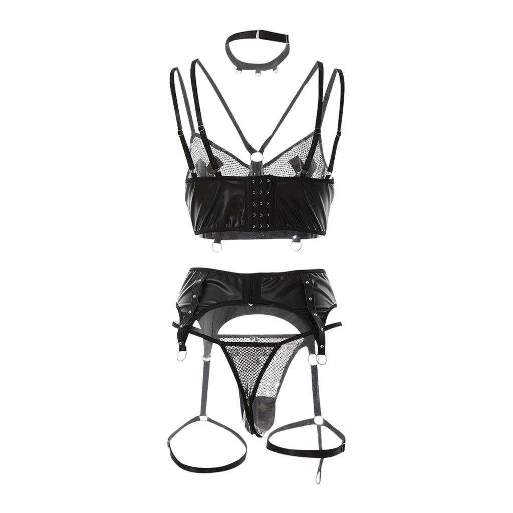 Забавное нижнее белье, сексуальное черное женское нижнее белье с полой сеткой, лаковой кожей и пряжкой, забавный комплект