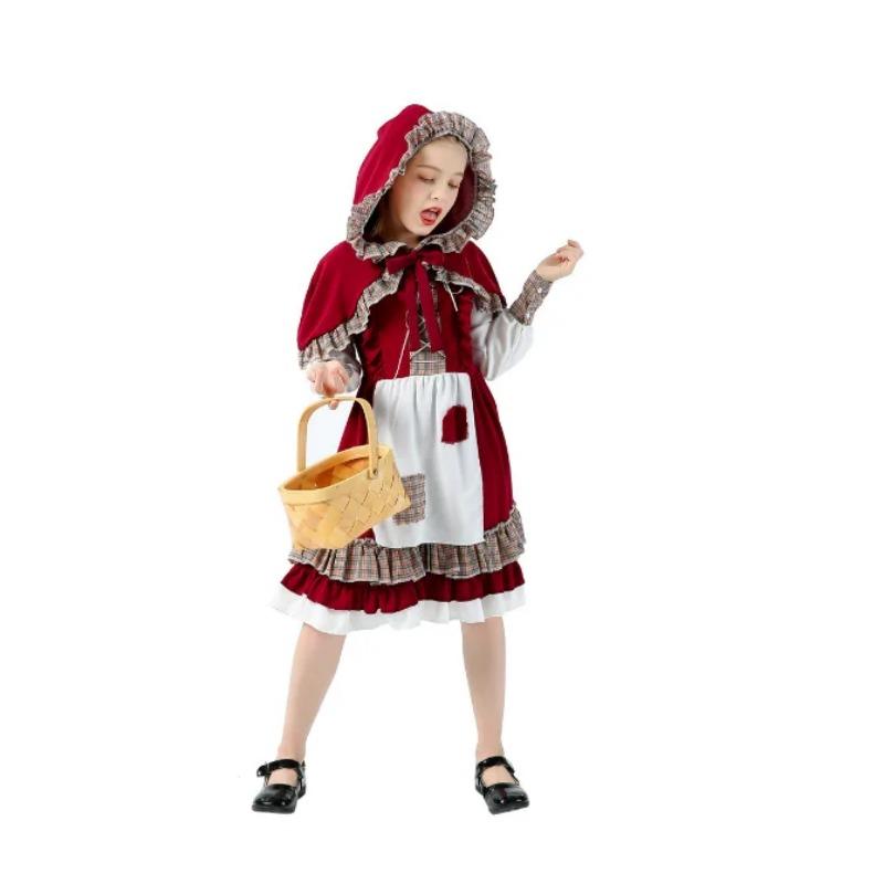 Halloween Girls Medieval Manor Farm Maid Cosplay Costumes with Hood Little Red Riding Role-Playing Stage Performance Disguise