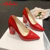 Fashion Aphixta Autumn 10cm/3.94Inch Chunky Heels Pumps Women Shoes Wine Red Patent Leather Sexy Party Official Leisure Plus Szie 33-46