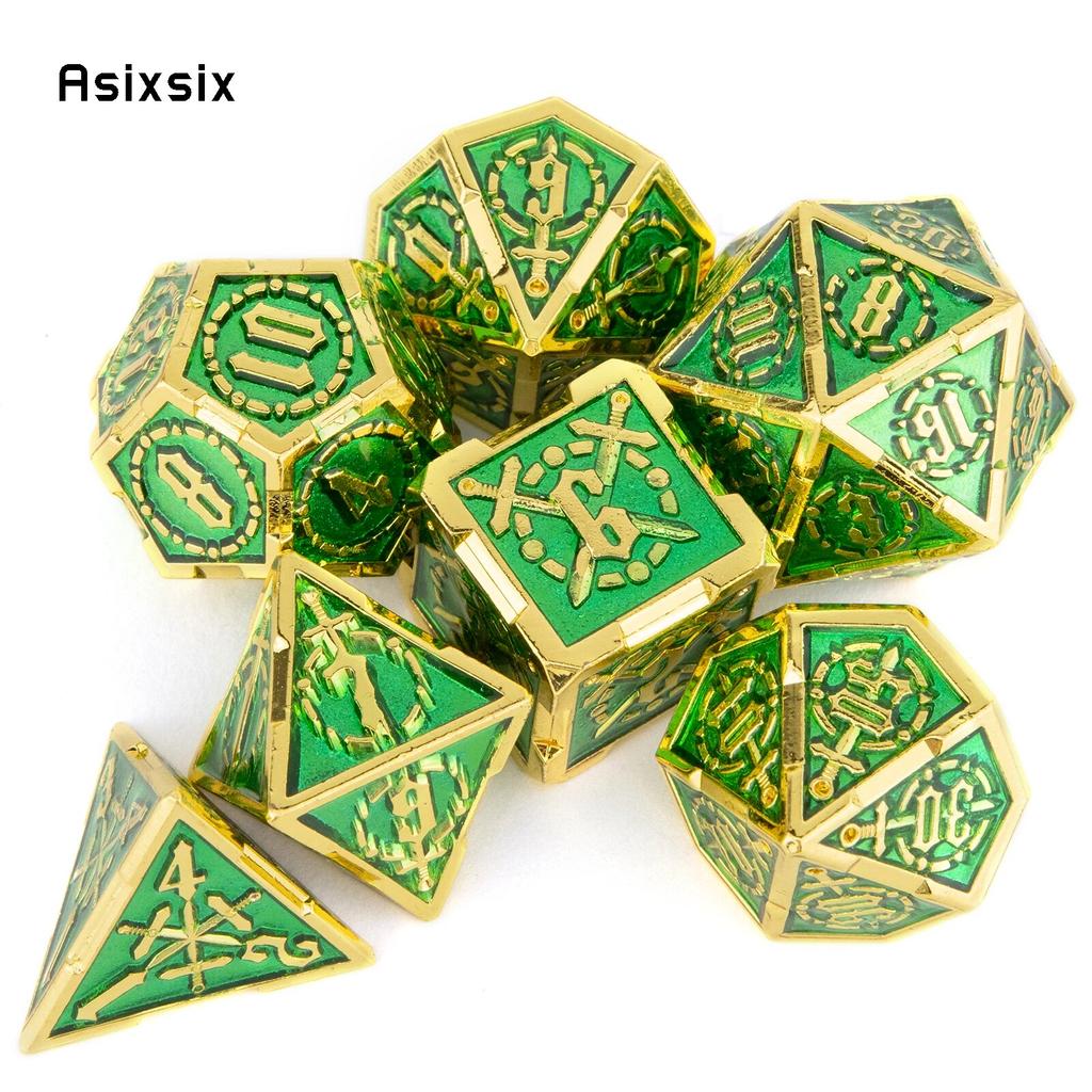 7 Pcs Green Golden Double Swords Metal Dice Solid Polyhedral Dice Set Suitable for Role-Playing RPG    Board Game
