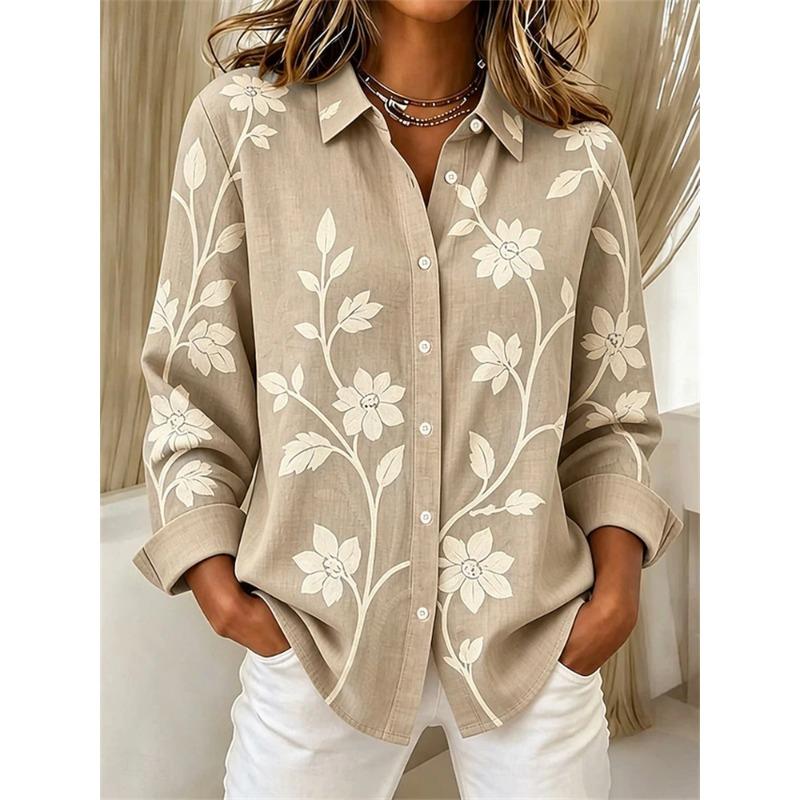 New Arrival Elegant Women's Long-Sleeve Shirt Floral-Print Collared Button-Down Shirt Loose-Fitting, Breathable Shirt Top