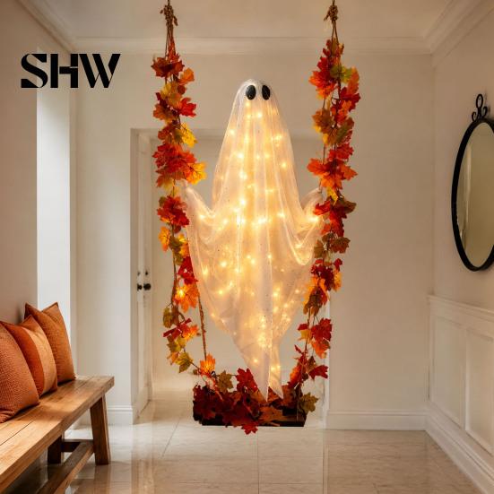 Mysterious Holiday Window Decorations Swinging Ghost Outdoor Decor, Large Halloween Hanging with Maple Leaf Spooky Tree Ornaments Vine Lights