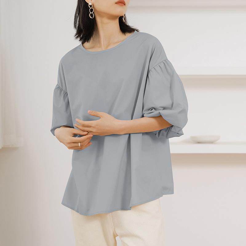 Crew Neck Shirt Women's Japan and Korea Summer Loose Cotton Oversized Lantern Sleeve Top Popular