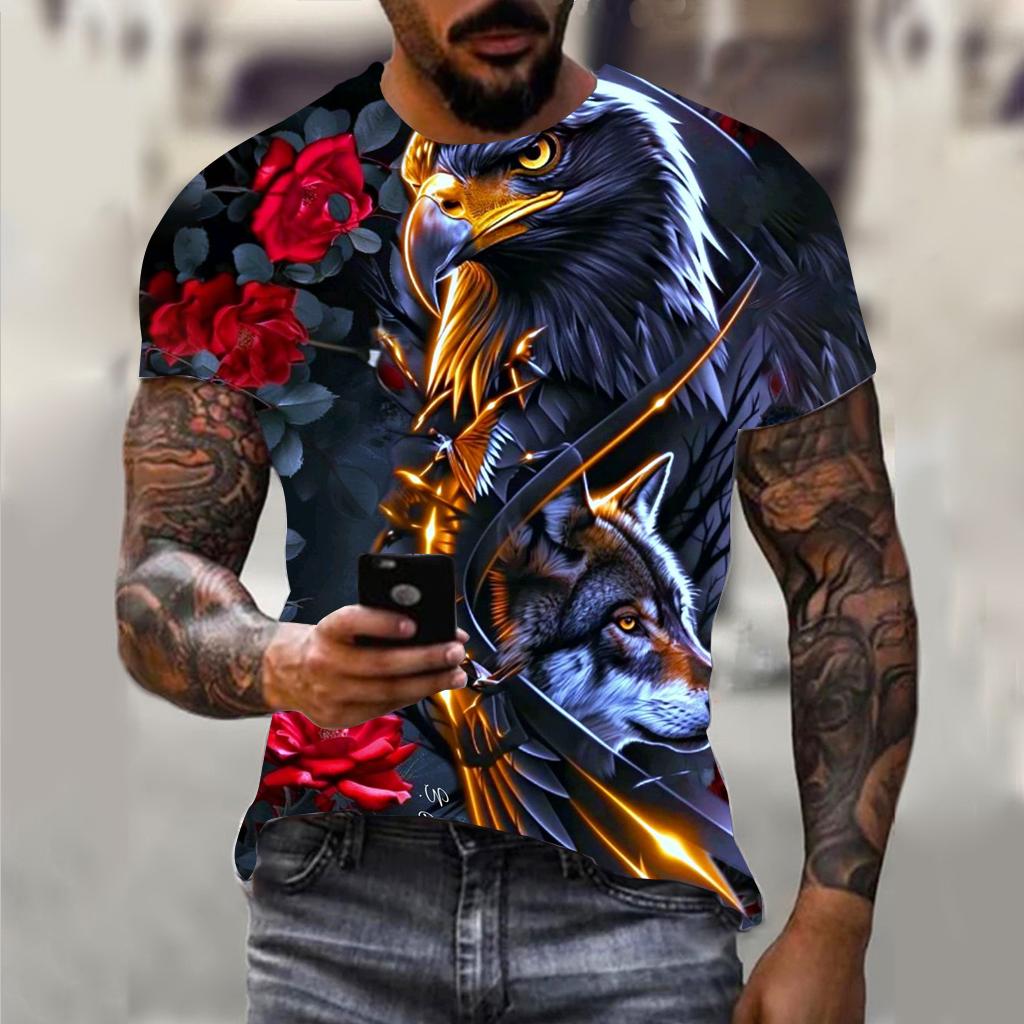 Fun 3D Animal Eagle Print Men's T-shirt Hip Hop Trend Street Casual Round Neck Short Sleeve Loose Top