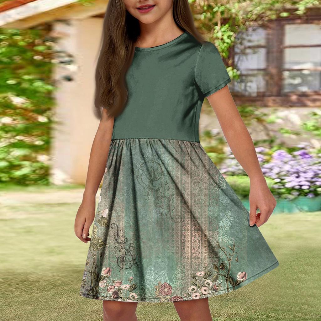 Летнее платье для девочек, однотонное платье без рукавов с принтом и карманом, повседневное платье, вечернее платье с короткими рукавами