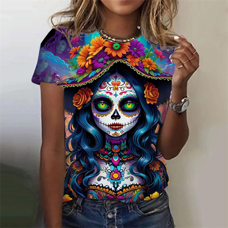 Summer Round Neck 3D Skull Printed Top Fashionable Casual Short Sleeved Women's T-shirts