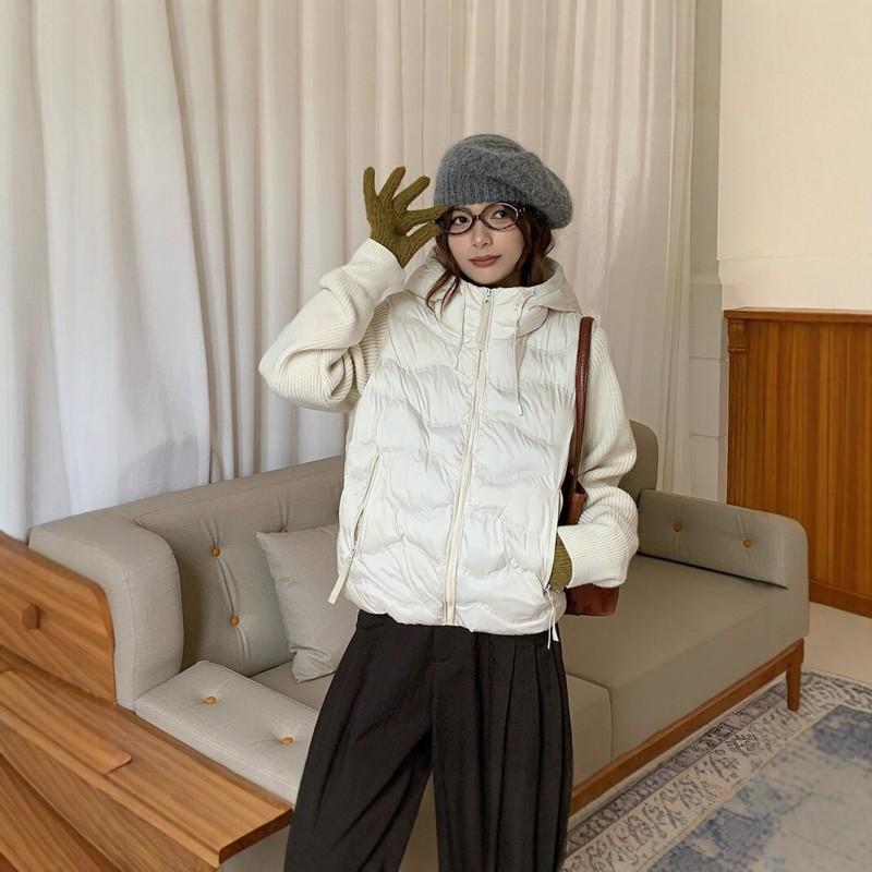 Womens Short Hooded Cotton Puffer Jacket Knit Splice Loose Winter Warm Coat Trendy
