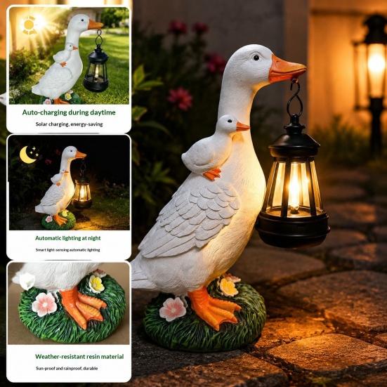 Decorative Yard Art with Lights Garden Duck Statue Solar Lantern, Cute Mom And Baby Sculpture Powered Decoration Lamp, Waterproof Resin Light