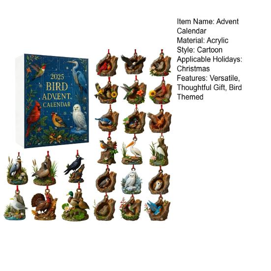 2025 Птичий Адвент-календарь Коробка для отсчета 24 дней Реалистичные птичьи украшения