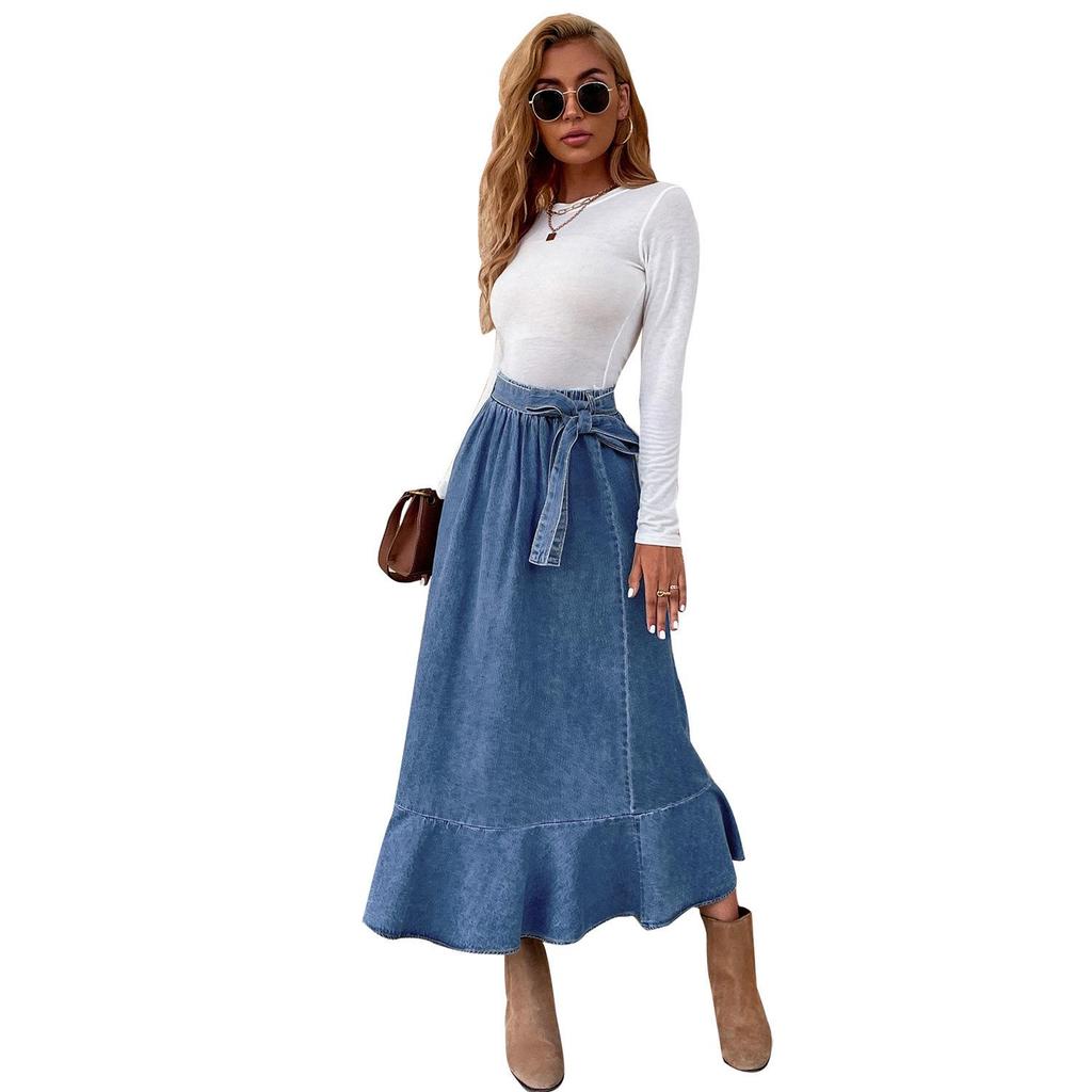 Джинсовая миди-юбка с высокой талией и оборками для женщин