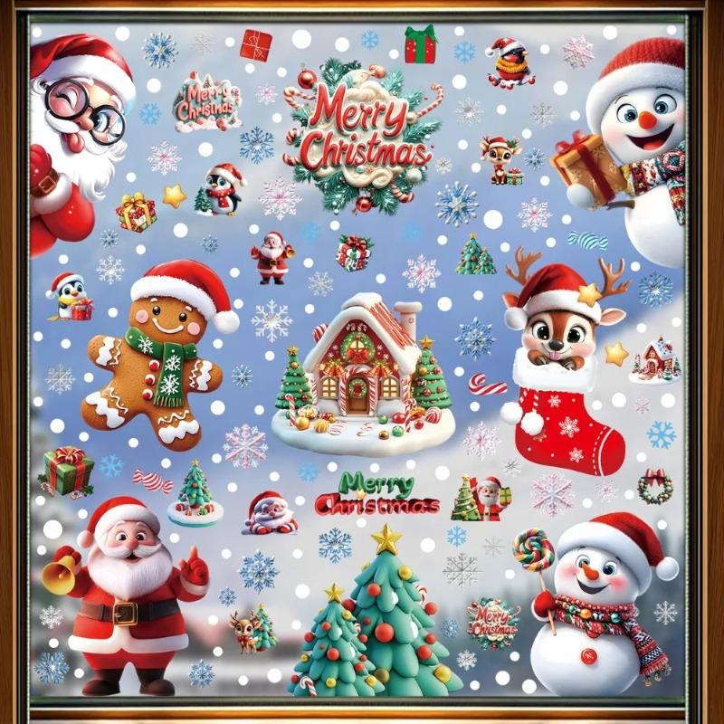 3D Christmas Window Stickers Electrostatic Cling with Santa Claus Snowman Snowflakes for Home Office Party Decor Reusable