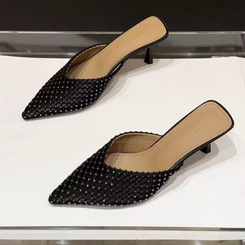 Модные Роскошные Женские Сандалии Сексуальные Стразы Сетка Острый Носок Слингбэк Брендовые Элегантные Вечерние Туфли на Высоком Каблуке для Леди Летняя Обувь