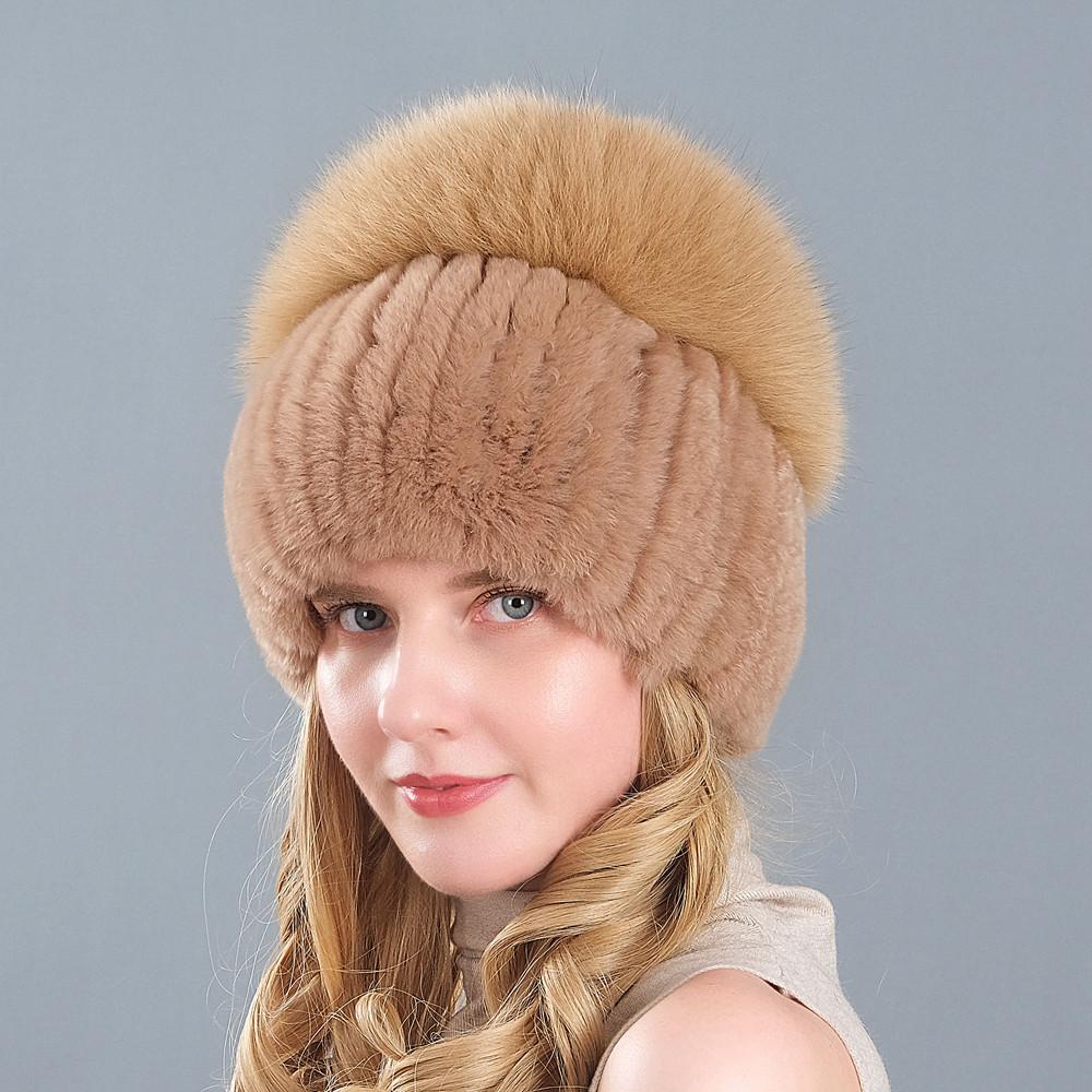 New Style Women Real Genuine Fox Fur Beanies Hat Girls Natural Real Rex Rabbit Fur Skullies Cap Knit Winter Real Fur Hats