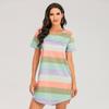 Plus Size Women's Summer Short Sleeved Rainbow Striped Loose Pajama Dress